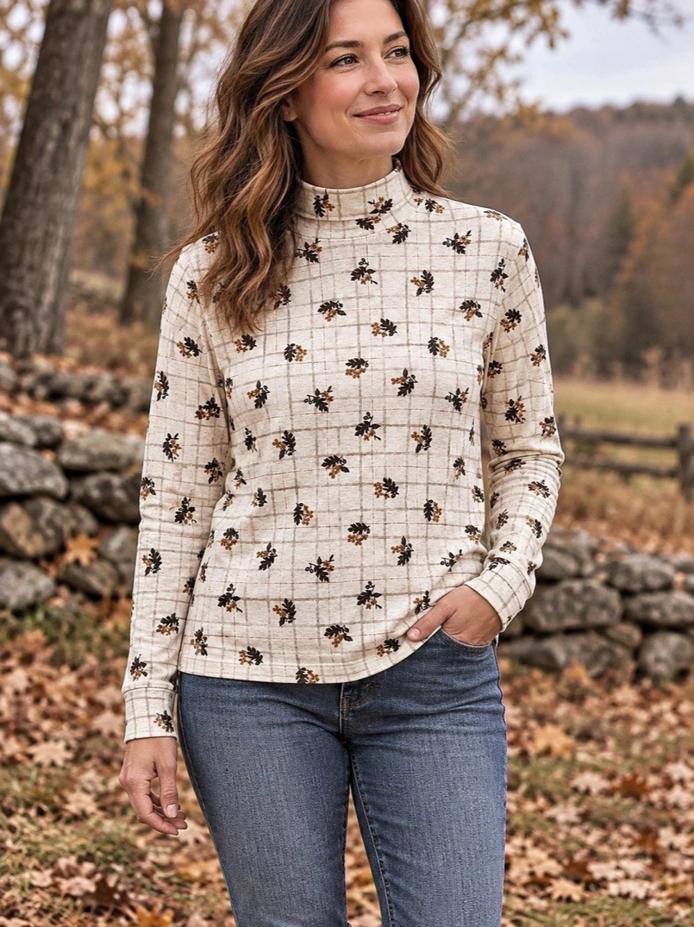 Vintage Classic Elements Floral Plaid Turtleneck Cream - Size XL